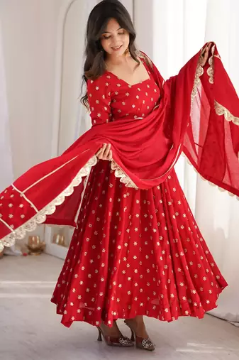 red heavy silk blend  party wear embroidery anarkali suit set