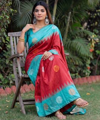 RAMA RED ART SILK JACUARD WORK SAREE WITH UNSTITCHED BLOUSE PIECE 2