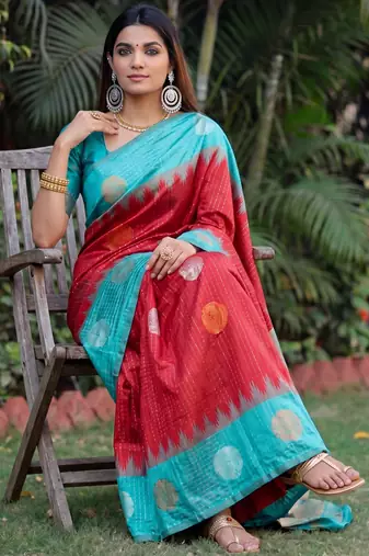 RAMA RED ART SILK JACUARD WORK SAREE WITH UNSTITCHED BLOUSE PIECE