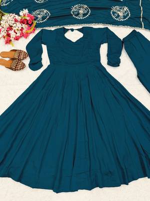 blue heavy silk blend  party wear embroidery anarkali suit set 4
