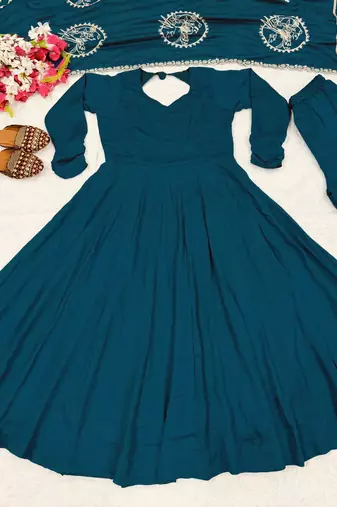 blue heavy silk blend  party wear embroidery anarkali suit set