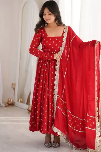 red heavy silk blend  party wear embroidery anarkali suit set
