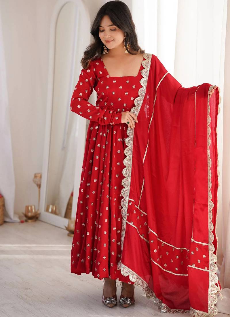 red heavy silk blend  party wear embroidery anarkali suit set