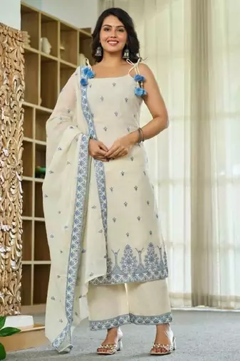 off white maska silk blend  party wear embroidery suit set