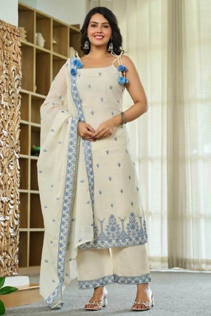 off white maska silk blend  party wear embroidery suit set