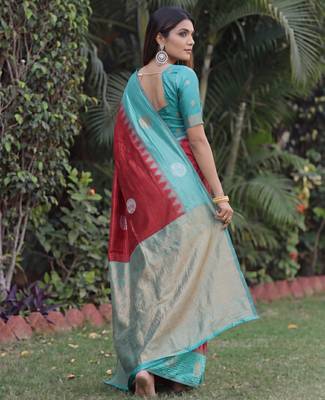 RAMA RED ART SILK JACUARD WORK SAREE WITH UNSTITCHED BLOUSE PIECE 3