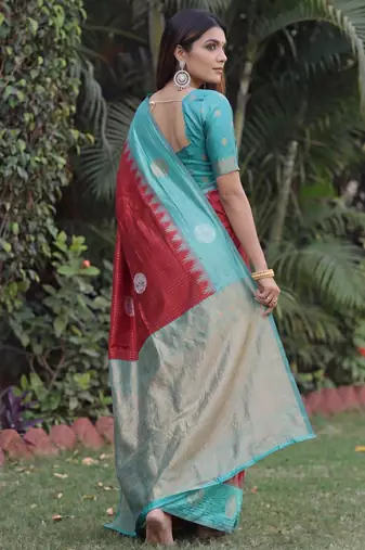 RAMA RED ART SILK JACUARD WORK SAREE WITH UNSTITCHED BLOUSE PIECE