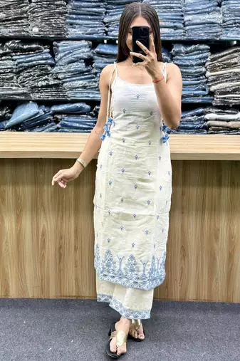 off white maska silk blend  party wear embroidery suit set