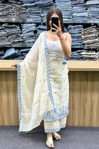 off white maska silk blend  party wear embroidery suit set