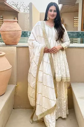 white heavy silk blend  party wear embroidery anarkali suit set