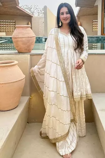 white heavy silk blend  party wear embroidery anarkali suit set