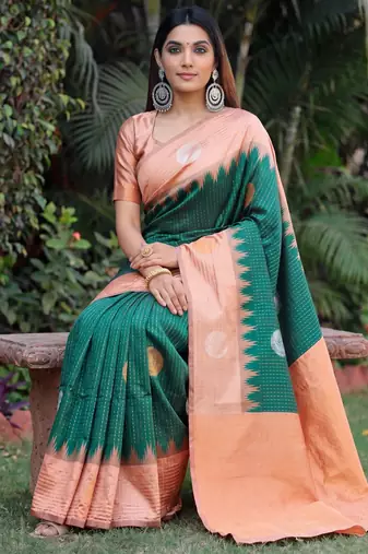 RUST GREEN ART SILK JACUARD WORK SAREE WITH UNSTITCHED BLOUSE PIECE
