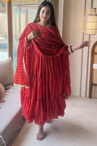 red heavy brocade party wear embroidery anarkali suit set