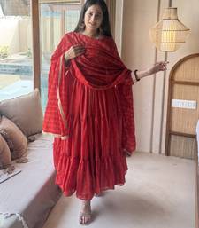 red heavy brocade party wear embroidery anarkali suit set
