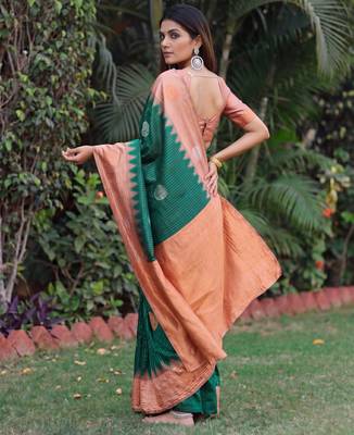 RUST GREEN ART SILK JACUARD WORK SAREE WITH UNSTITCHED BLOUSE PIECE 3