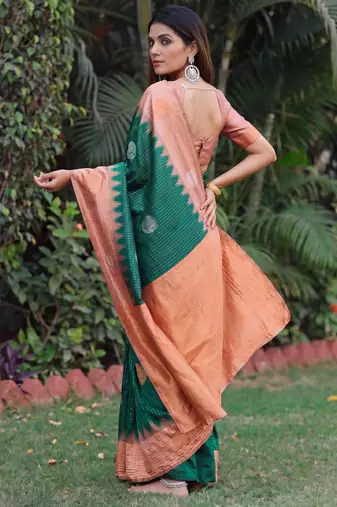RUST GREEN ART SILK JACUARD WORK SAREE WITH UNSTITCHED BLOUSE PIECE