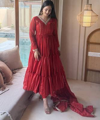 red heavy brocade party wear embroidery anarkali suit set 2