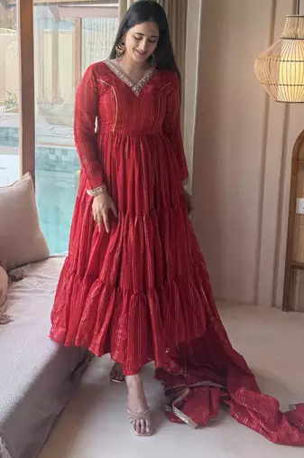 red heavy brocade party wear embroidery anarkali suit set