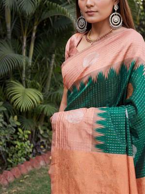 RUST GREEN ART SILK JACUARD WORK SAREE WITH UNSTITCHED BLOUSE PIECE 4