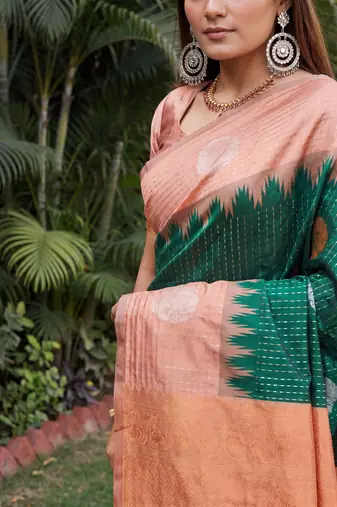 RUST GREEN ART SILK JACUARD WORK SAREE WITH UNSTITCHED BLOUSE PIECE