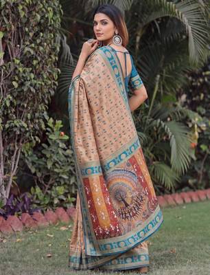 BEIGE ART SILK BANARASI JACUARD WORK SAREE WITH UNSTITCHED BLOUSE PIECE 2