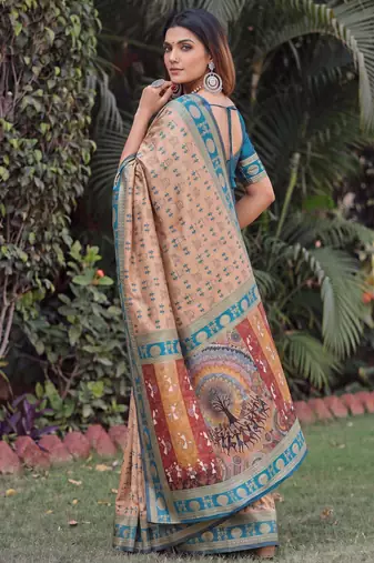 BEIGE ART SILK BANARASI JACUARD WORK SAREE WITH UNSTITCHED BLOUSE PIECE