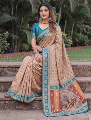 BEIGE ART SILK BANARASI JACUARD WORK SAREE WITH UNSTITCHED BLOUSE PIECE 3