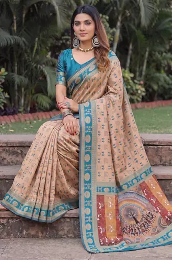BEIGE ART SILK BANARASI JACUARD WORK SAREE WITH UNSTITCHED BLOUSE PIECE
