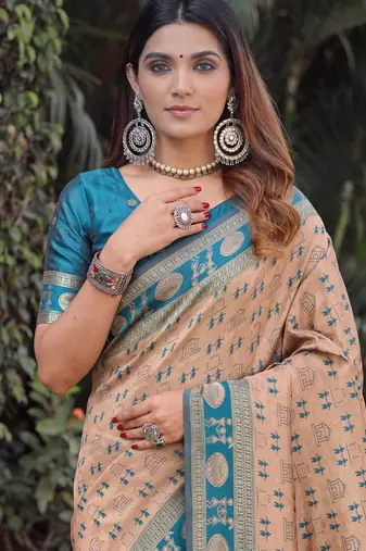 BEIGE ART SILK BANARASI JACUARD WORK SAREE WITH UNSTITCHED BLOUSE PIECE