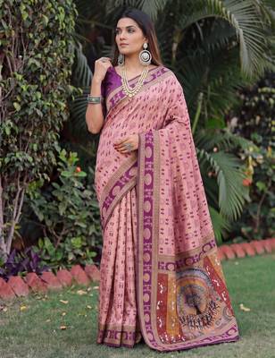 LIGHT PINK ART SILK BANARASI JACUARD WORK SAREE WITH UNSTITCHED BLOUSE PIECE 1