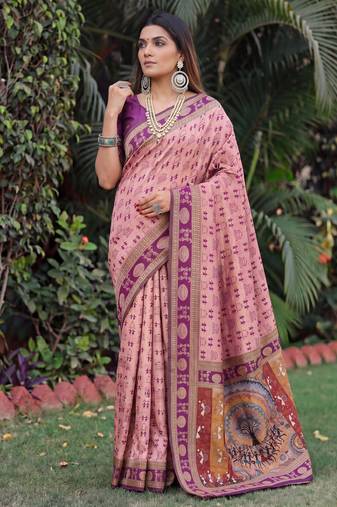 LIGHT PINK ART SILK BANARASI JACUARD WORK SAREE WITH UNSTITCHED BLOUSE PIECE