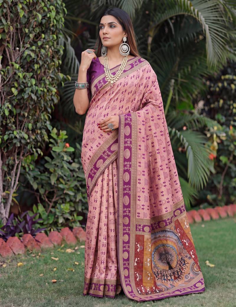 LIGHT PINK ART SILK BANARASI JACUARD WORK SAREE WITH UNSTITCHED BLOUSE PIECE