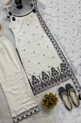 white maska silk blend  party wear embroidery suit set
