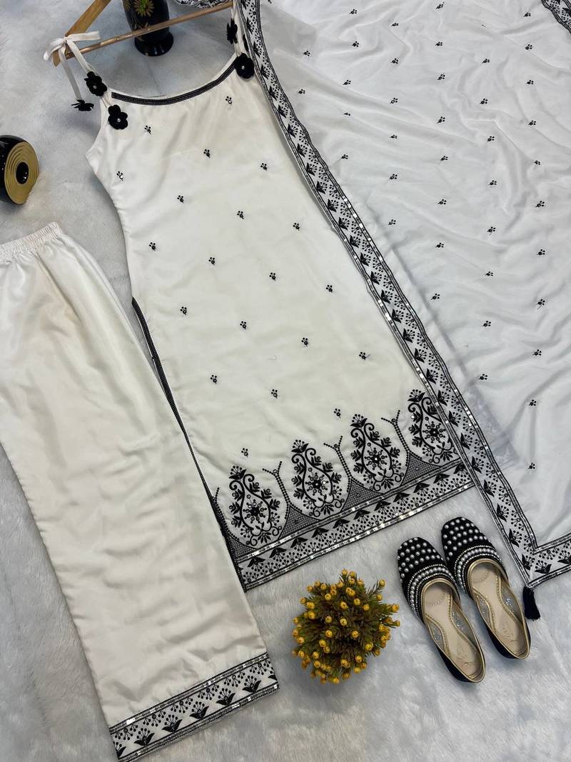 white maska silk blend  party wear embroidery suit set