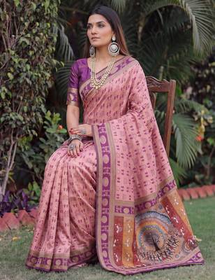 LIGHT PINK ART SILK BANARASI JACUARD WORK SAREE WITH UNSTITCHED BLOUSE PIECE 3