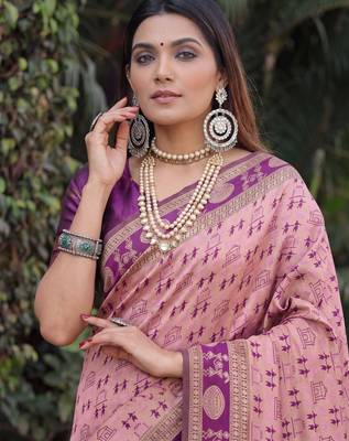 LIGHT PINK ART SILK BANARASI JACUARD WORK SAREE WITH UNSTITCHED BLOUSE PIECE 4