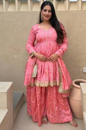 pink heavy silk blend  party wear embroidery anarkali suit set