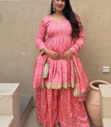 pink heavy silk blend  party wear embroidery anarkali suit set