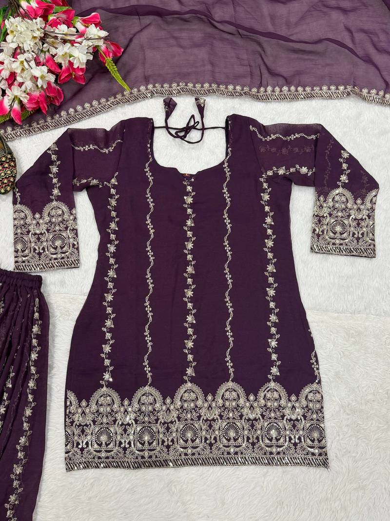wine heavy silk blend  party wear embroidery sharara suit set