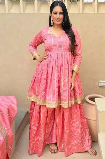 pink heavy silk blend  party wear embroidery anarkali suit set