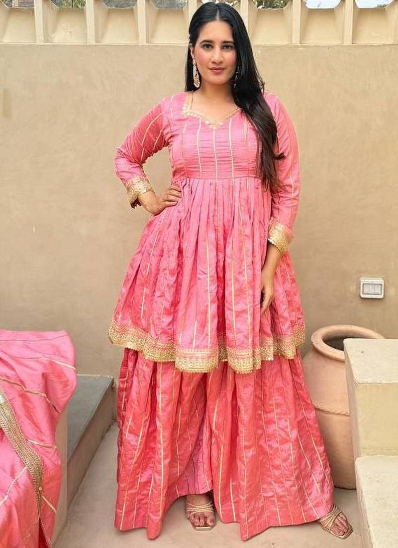 pink heavy silk blend  party wear embroidery anarkali suit set