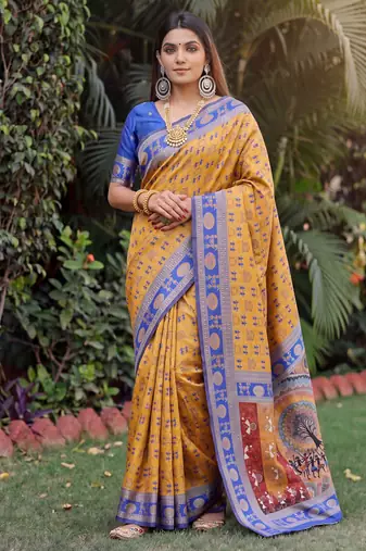 MUSTARD BLUE ART SILK BANARASI JACUARD WORK SAREE WITH UNSTITCHED BLOUSE PIECE
