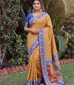 MUSTARD BLUE ART SILK BANARASI JACUARD WORK SAREE WITH UNSTITCHED BLOUSE PIECE