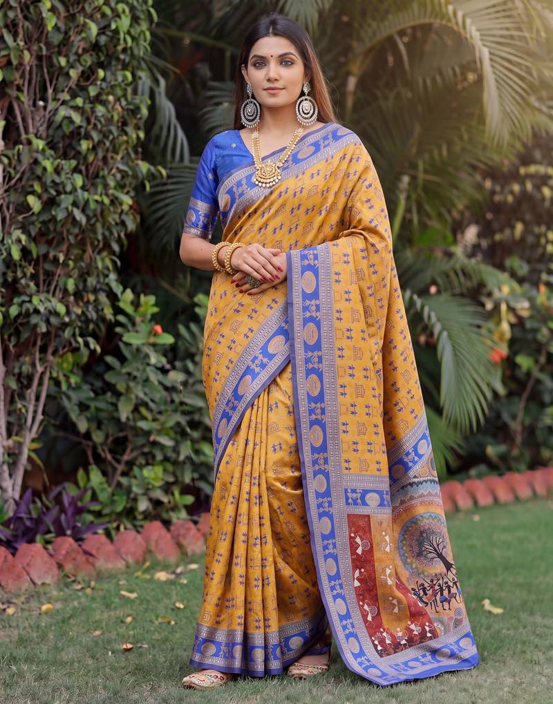 MUSTARD BLUE ART SILK BANARASI JACUARD WORK SAREE WITH UNSTITCHED BLOUSE PIECE