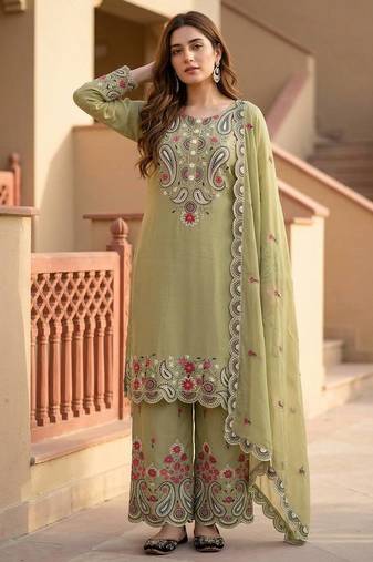 mahendi heavy silk blend  party wear embroidery suit set