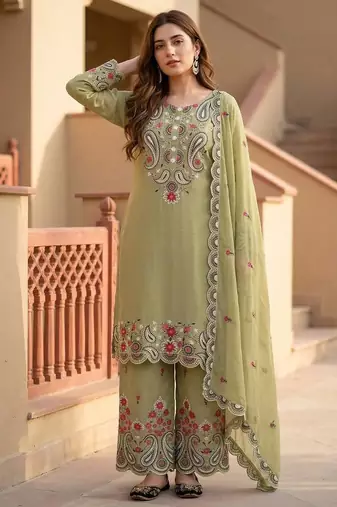 mahendi heavy silk blend  party wear embroidery suit set