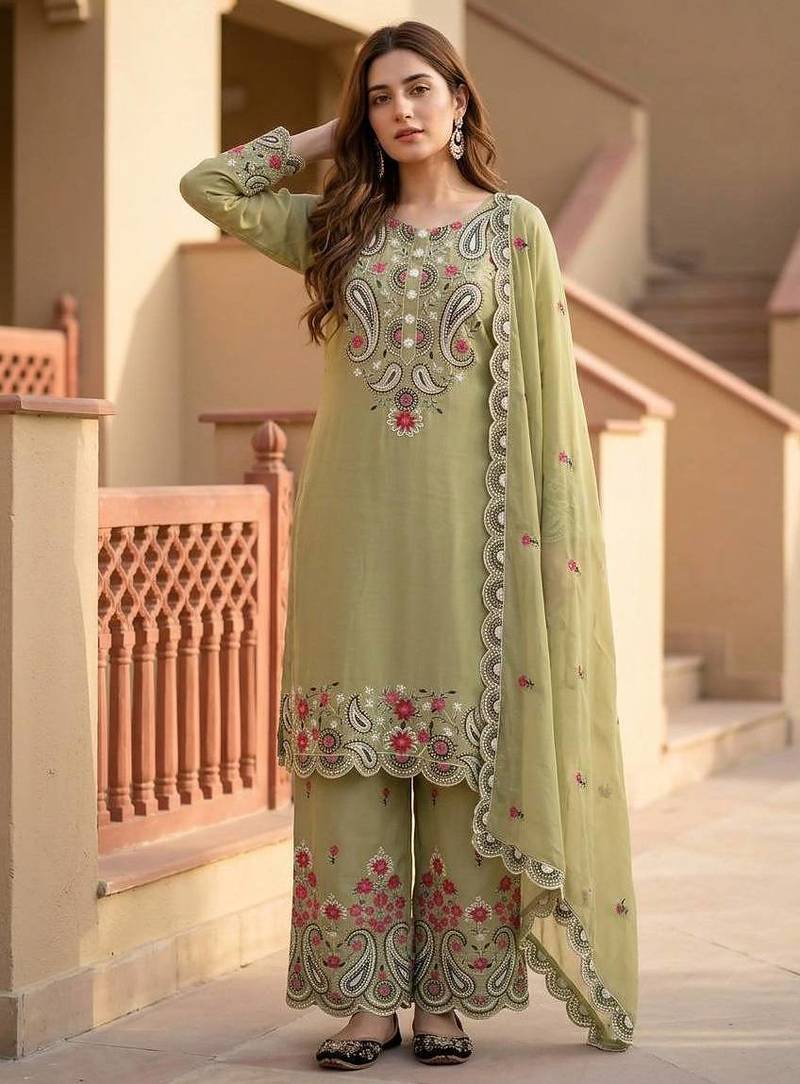 mahendi heavy silk blend  party wear embroidery suit set