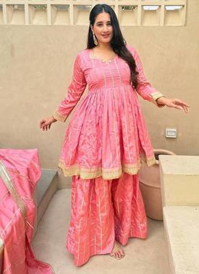 pink heavy silk blend  party wear embroidery anarkali suit set 3