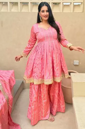 pink heavy silk blend  party wear embroidery anarkali suit set