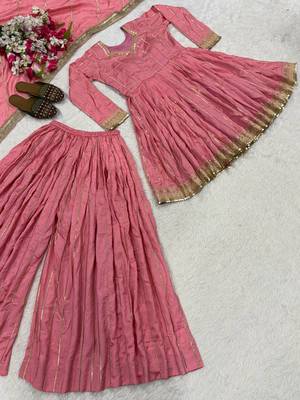 pink heavy silk blend  party wear embroidery anarkali suit set 4